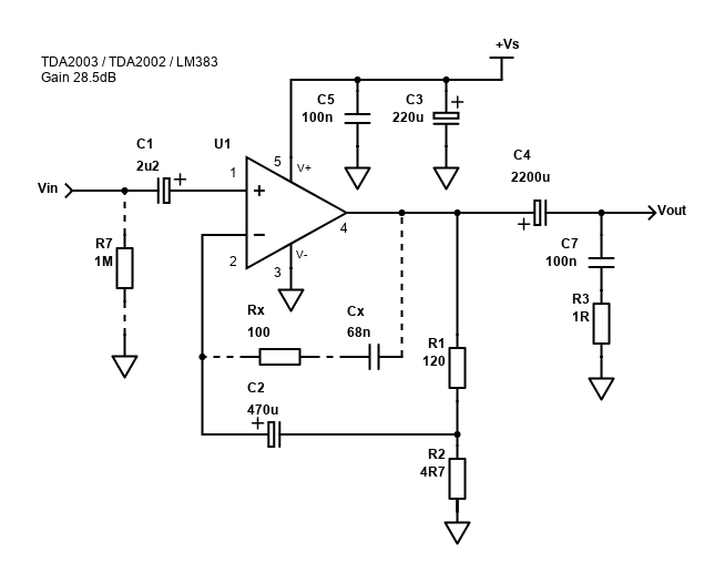 TDA2003 / TDA2002 / LM383 single ended schematic