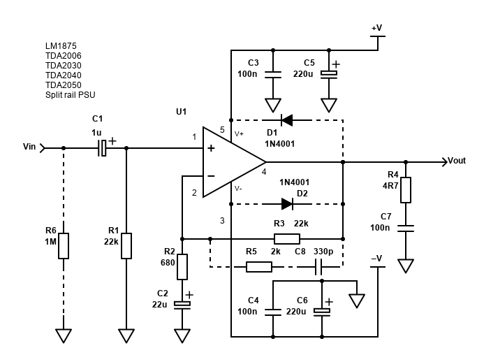 LM1875 / TDA2006 / TDA2030 / TDA2040 / TDA2050 split supply schematic