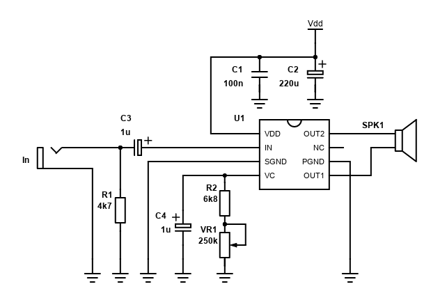 Basic schematic for the TDA7052A/TDA7052B bridge amplifier