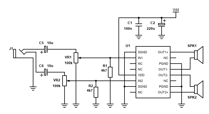 Schematic for the TDA7053 stereo bridge amplifier
