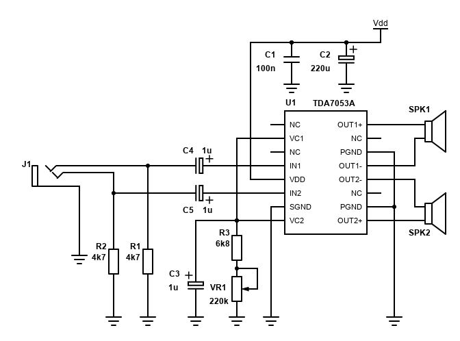 Basic schematic for the TDA7053 bridge amplifier