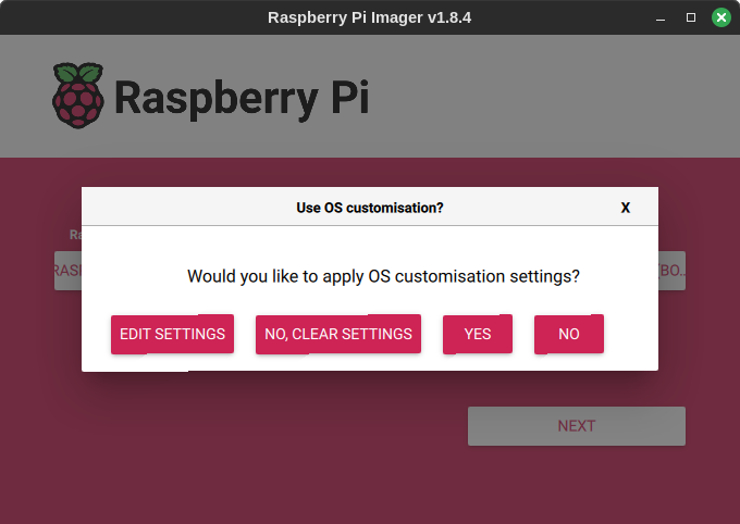 Raspberry Pi Imager Customisation Setting Choice
