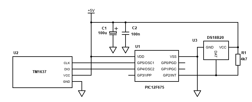 PIC12F675 DS18B20 TM1637 simple thermometer schematic