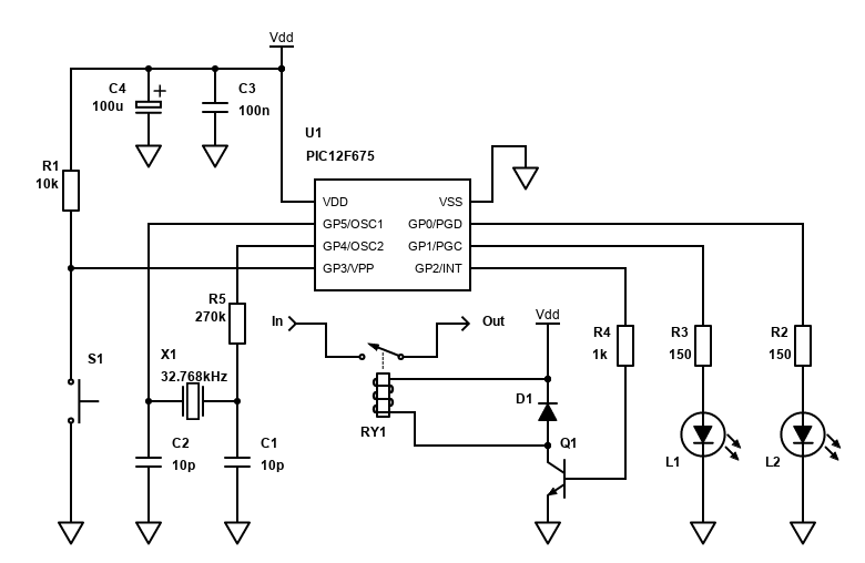 PIC12F675 32.768kHz crystal based timer schematic