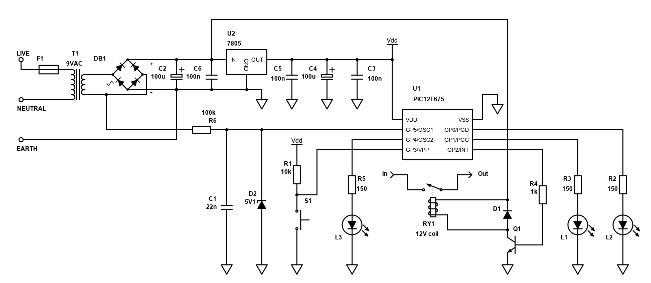 PIC12F675 mains driven timer schematic - 12V relay