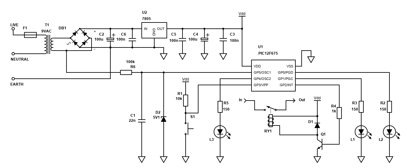 PIC12F675 AC mains driven timer schematic