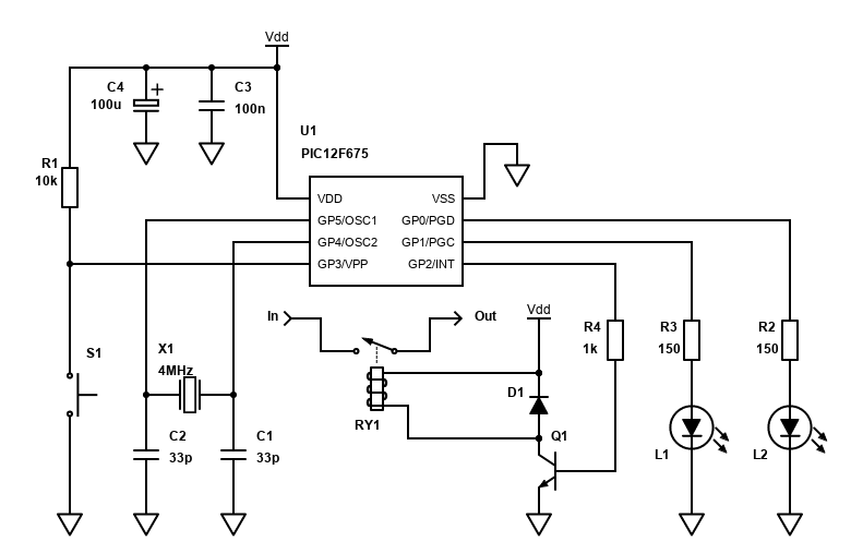 PIC12F675 crystal oscillator based timer schematic