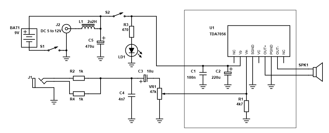TDA7056 Stereo to Mono System Schematic