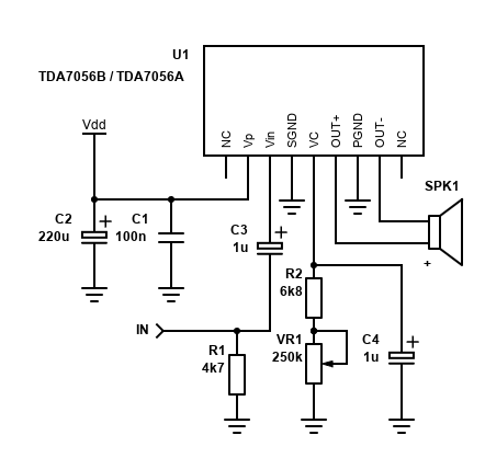 Basic schematic for the TDA7056A/TDA7056B bridge amplifier