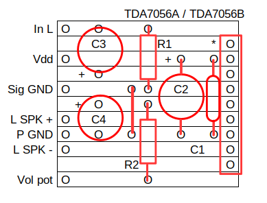 TDA7056A/TDA7056B Stripboard layout