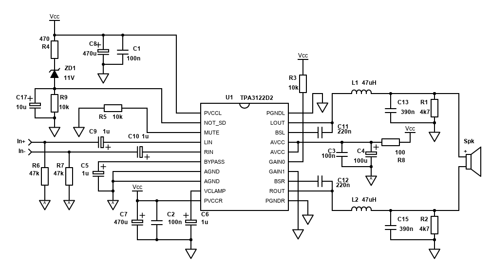 TPA3122D2 / TPA3125D2 bridged schematic into 8 ohms