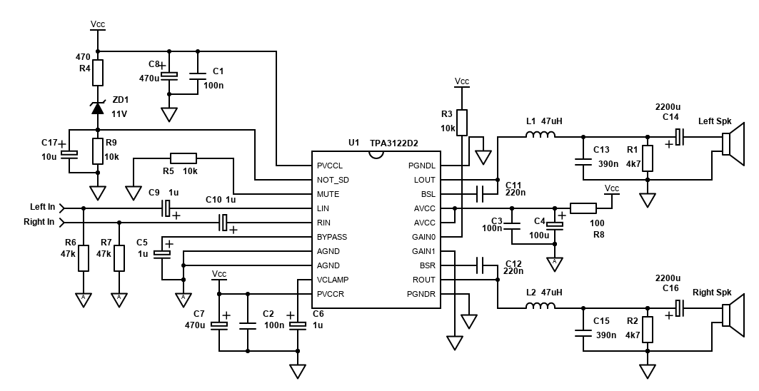 TPA3122D2 / TPA3125D2 single ended schematic into 8 ohms