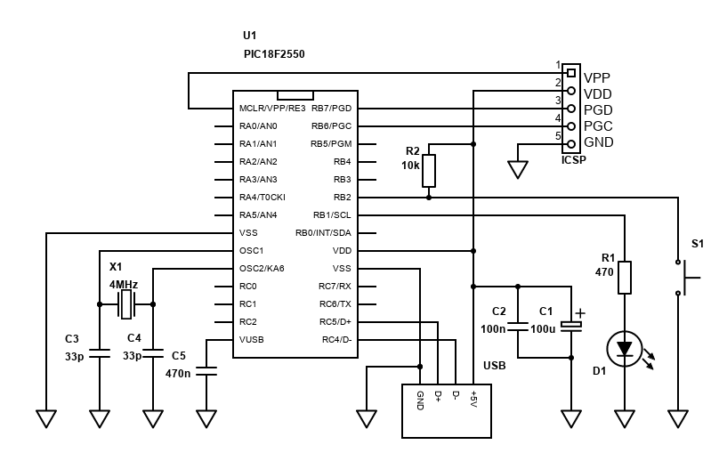 PIC18F2550 USB Mouse Jiggler Schematic