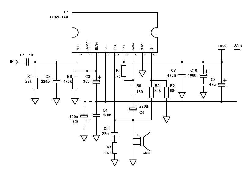 Schematic for the TDA1514 amplifier with 30dB gain