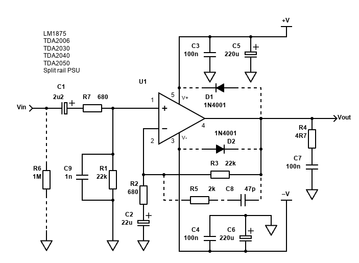 LM1875 / TDA2006 / TDA2030 / TDA2040 / TDA2050 split supply schematic