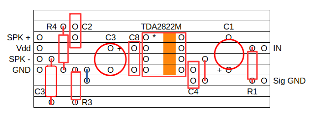 TDA2822M BTL Stripboard layout