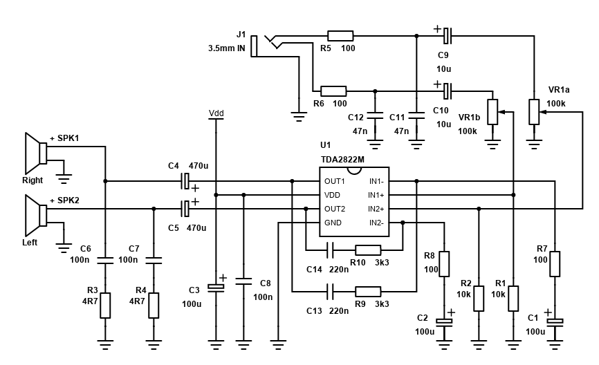 Schematic for a TDA2822M bass boost stereo amplifier