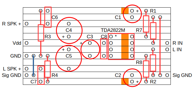 TDA2822M Stereo Gain-Reduced Stripboard layout