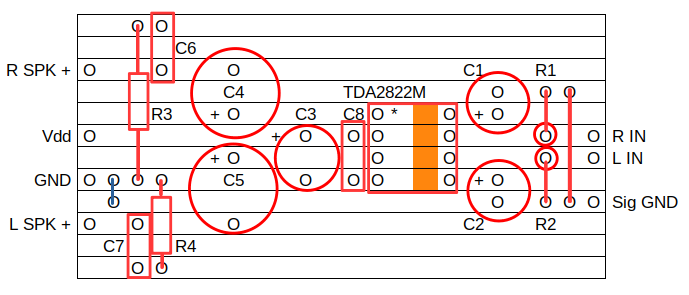 TDA2822M Stereo Stripboard layout