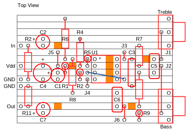 Mono Tone Control - stripboard layout - single supply