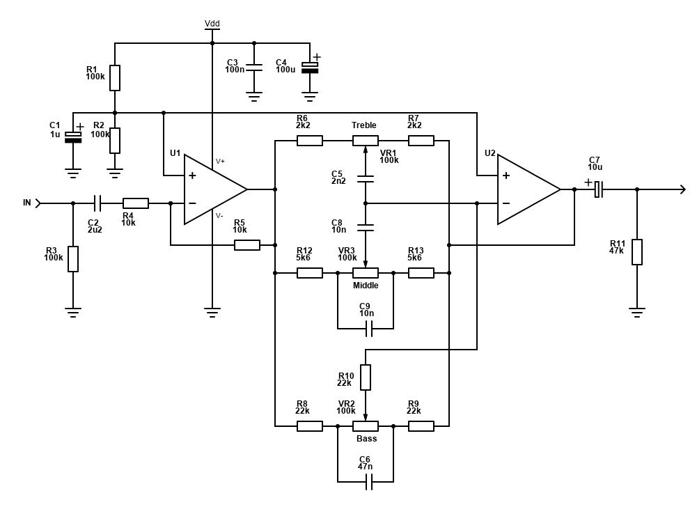 Tone Control Schematic with Mid-control for Single Supply rails