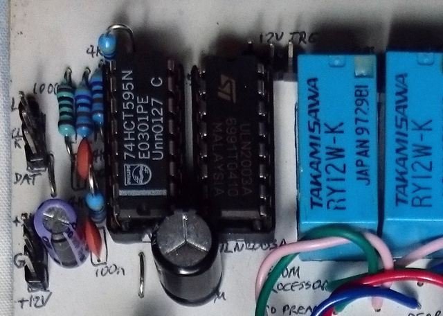 74HCT595, ULN2003A and relays in place on preamp board