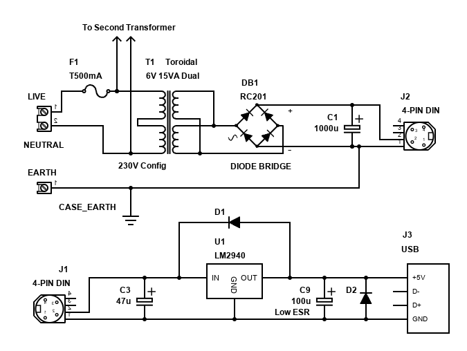 Schematic of Raspberry Pi 5V Linear PSU using LM2940 (max 1A)