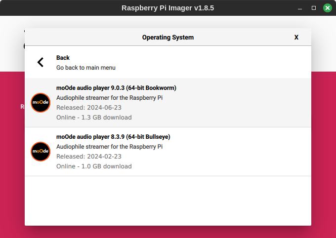 moOde in Raspberry Pi Imager tool