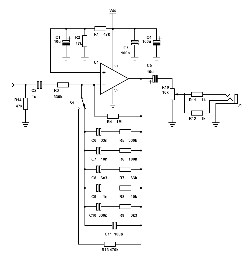 Pink Noise Filter Schematic, Single Supply