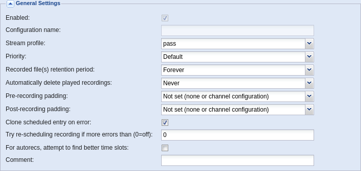 Tvheadend Recording Setting