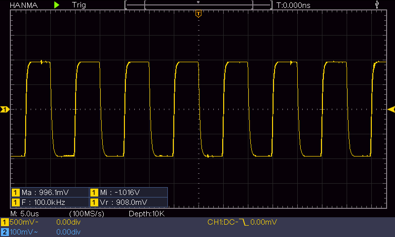 Oscilloscope measure of square 100kHz