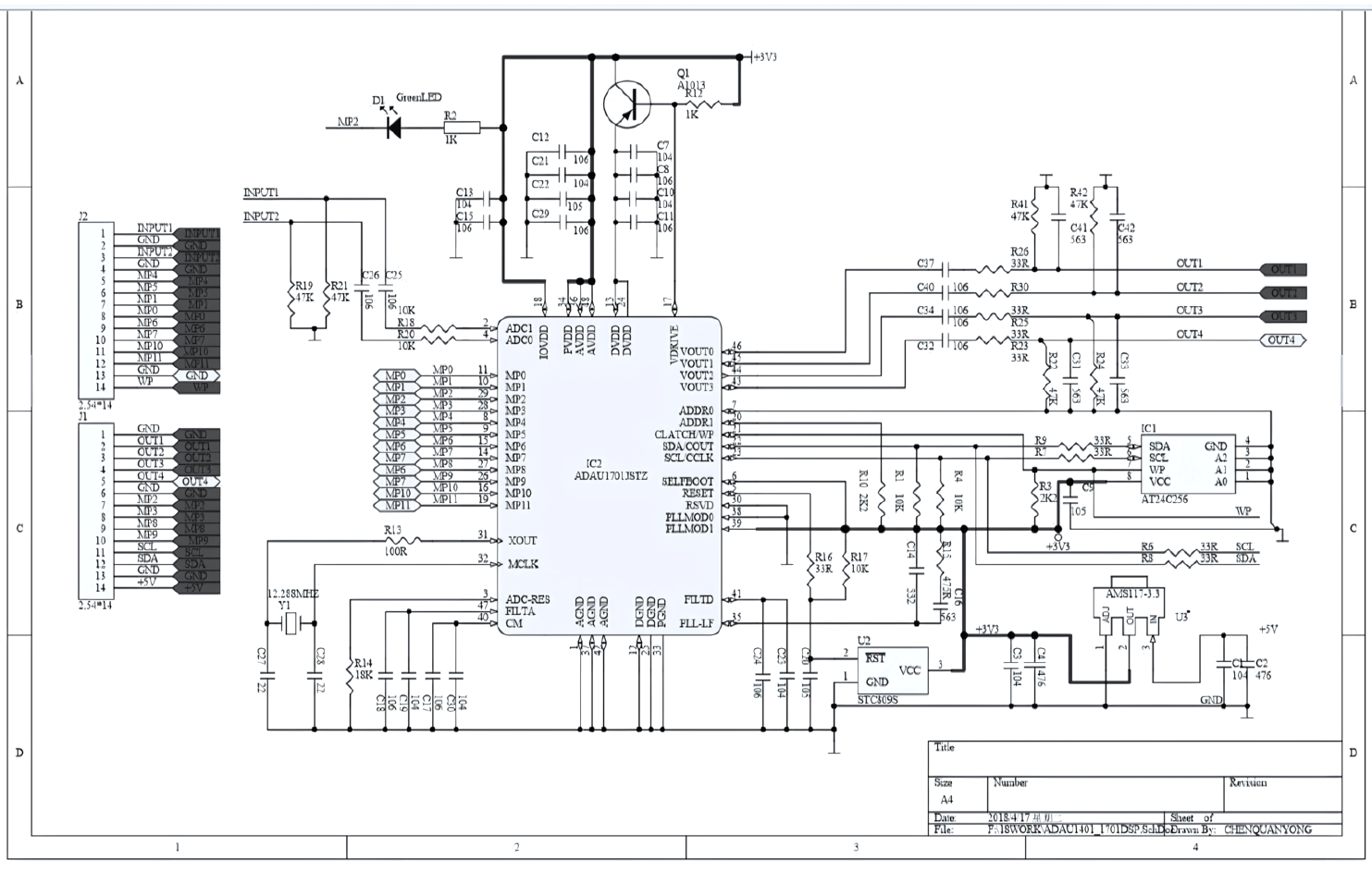 Schematic of the ADAU1701 / ADAU1401 learning board modules