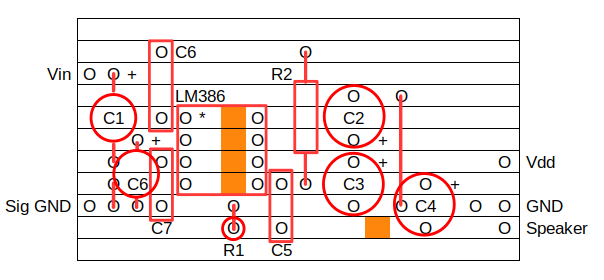 LM386 Bass Boost Stripboard layout