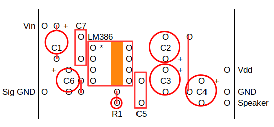 LM386 Inverting Stripboard layout
