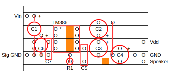 LM386 Basic Stripboard layout
