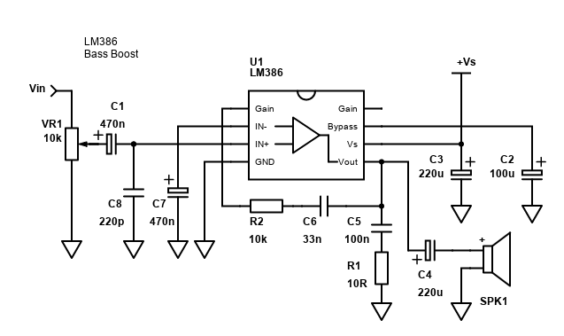 Schematic for the LM386 bass boost amplifier with 19dB to 25dB gain