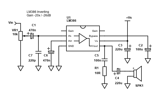 Schematic for the LM386 inverting amplifier with -26dB gain