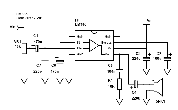 Schematic for the LM386 amplifier with 26dB gain