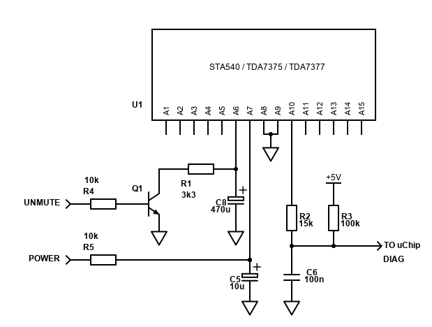 STA540 / TDA7375 / TDA7377 Microprocessor Control Schematic