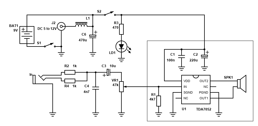 TDA7052 Stereo to Mono System Schematic