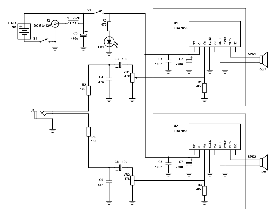 TDA7056 Stereo System Schematic
