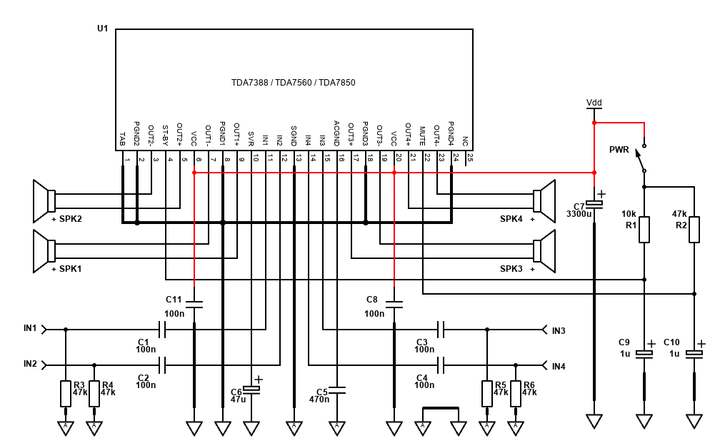 TDA7388 / TDA7381 / TDA7560 / TDA7850 Stereo Dual Bridge Schematic