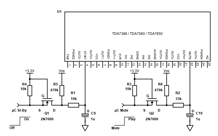 TDA7388 microcontroller 3.3V control schematic