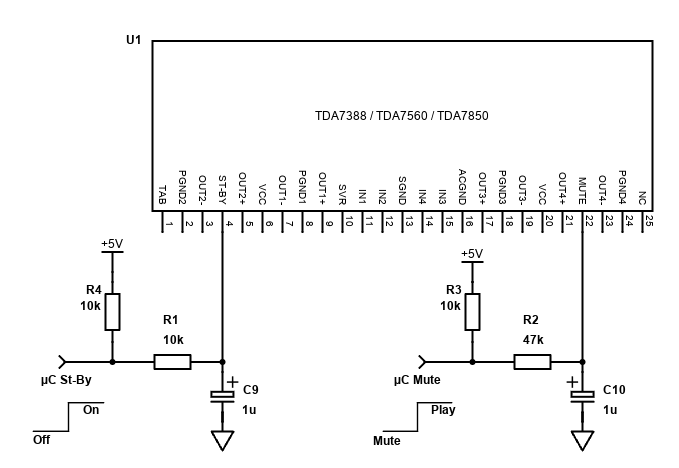 TDA7388 microcontroller control schematic