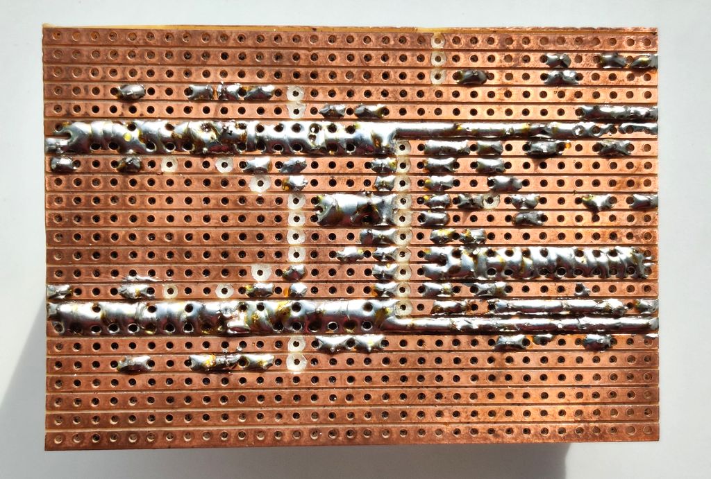 TPA3122D2 / TPA3125D2 stripboard bottom view after soldering (second revision)