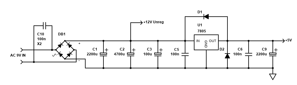 12V unregulated and 5V regulated PSU schematic
