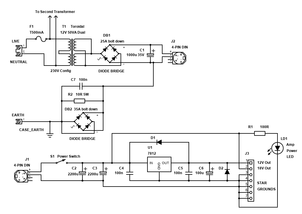 Schematic of 18V / 12V Linear PSU for Amp and Tone Control